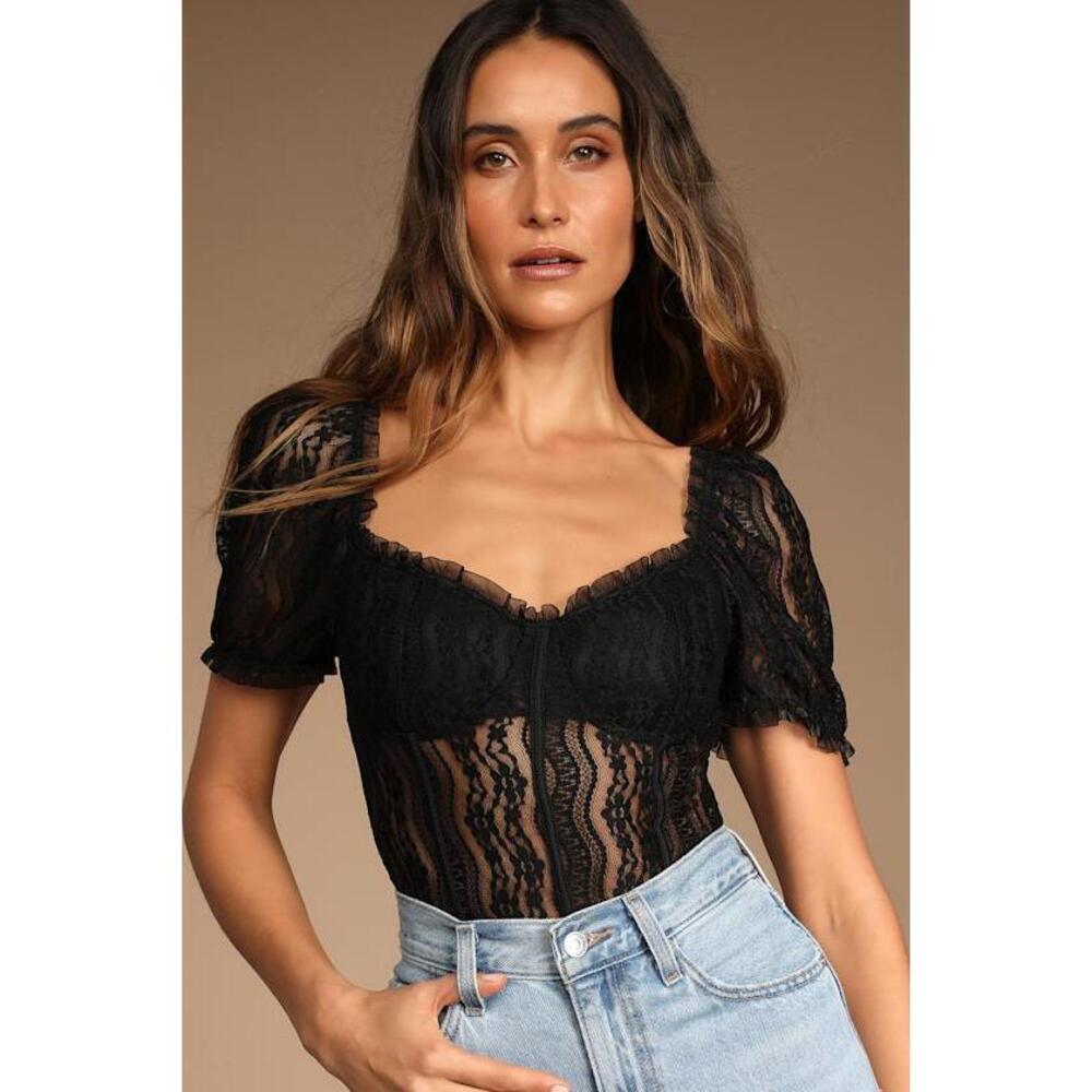 Lulus Feeling Flirtatious Black Lace Puff Sleeve Bustier Bodysuit - Size S